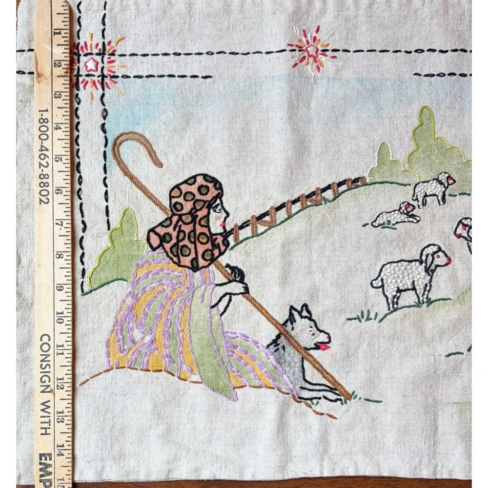 Vintage Hand Embroidered Linen Shepherd & Sheep Pastoral‎ Folk Art Pillow Case